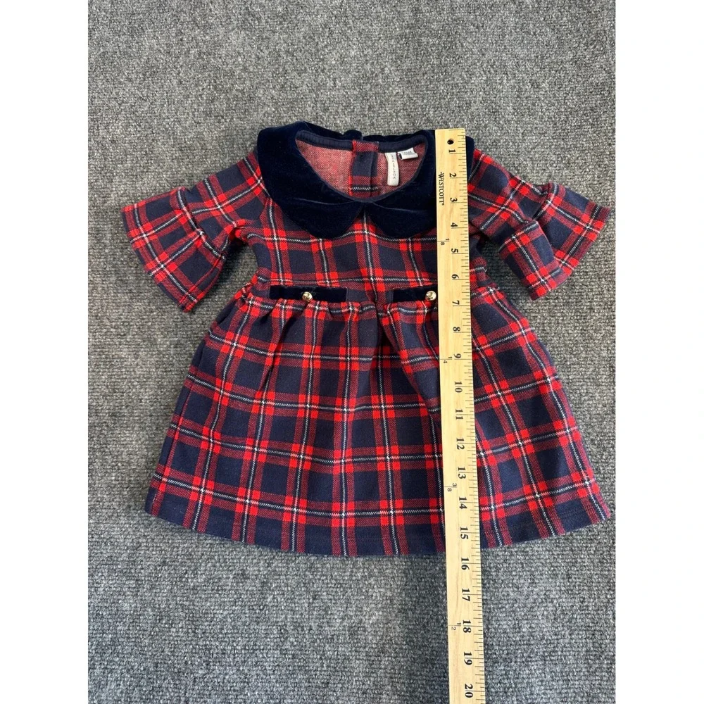Janie and Jack Red Navy Plaid Velvet Collar Dress 18-24 Months